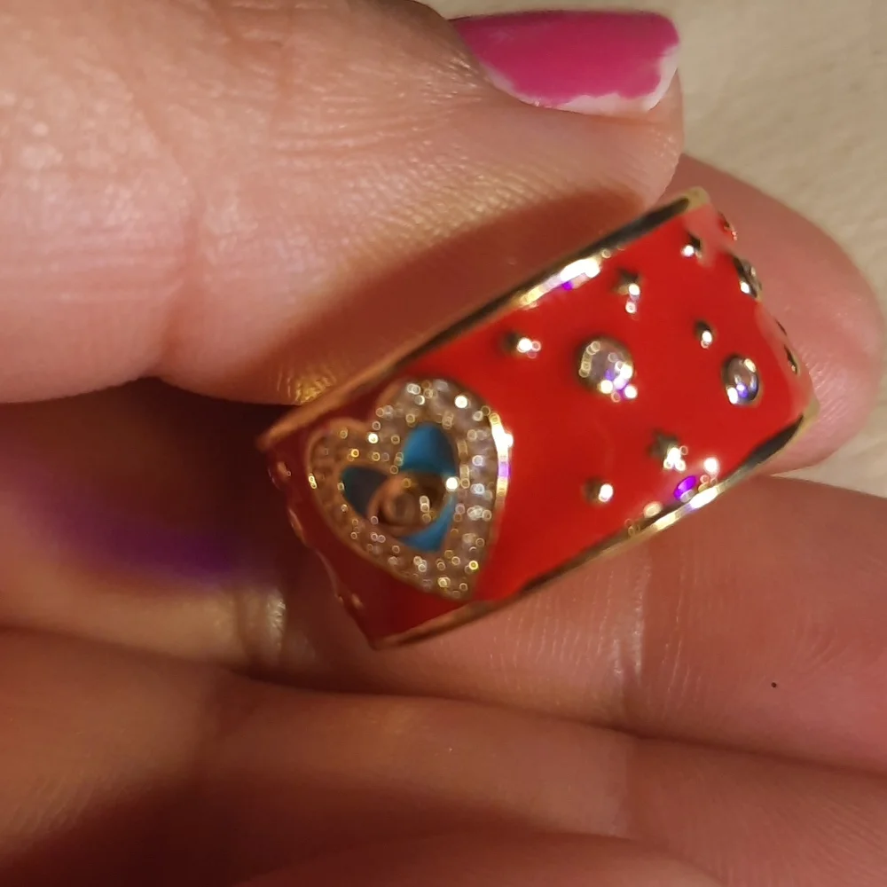 - Red and blue Enamel Gold Tone heavy adjustable ring - Picture 5 of 5